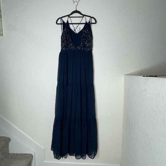 RANNA GILL Lucinda Maxi Beaded Dress Size 4 Blue Tiered Lined Halter - Picture 1 of 14